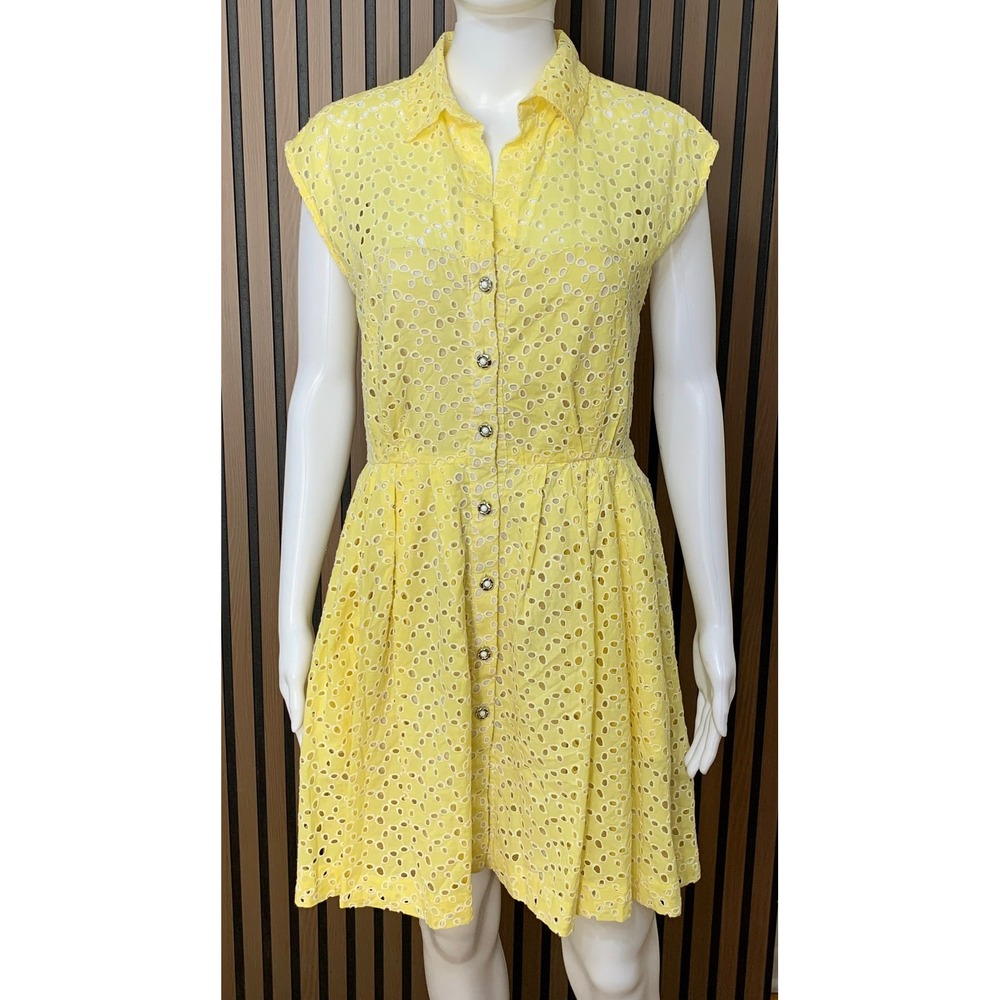Betsey Johnson Yellow Eyelet Lace Shirt Dress Sleeveless Button Front 6 Y2k